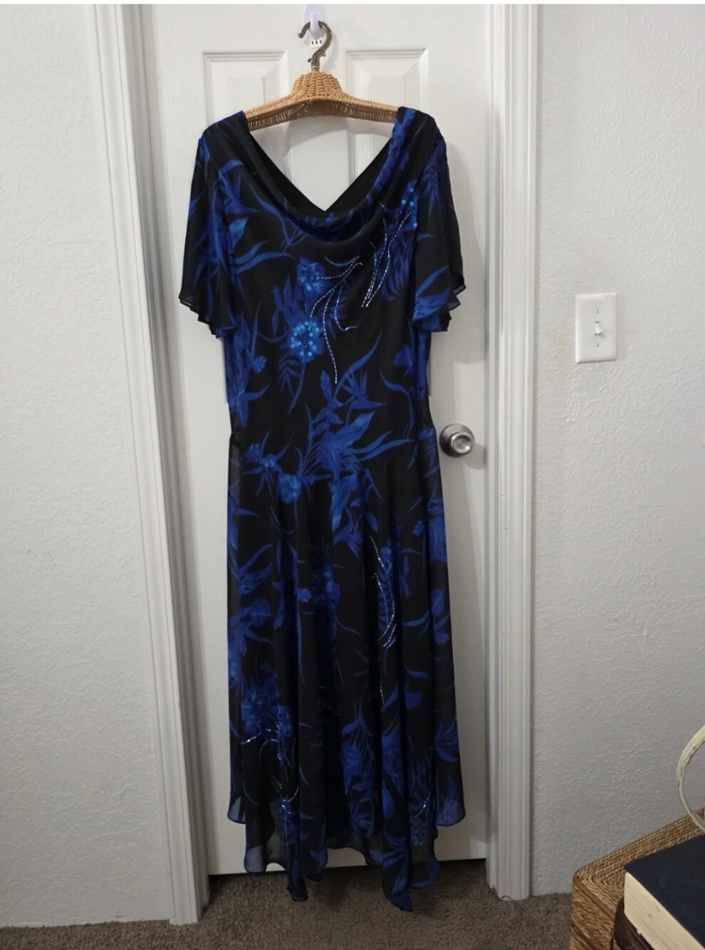 Vintage Roaman's Blue Floral Beaded Dress